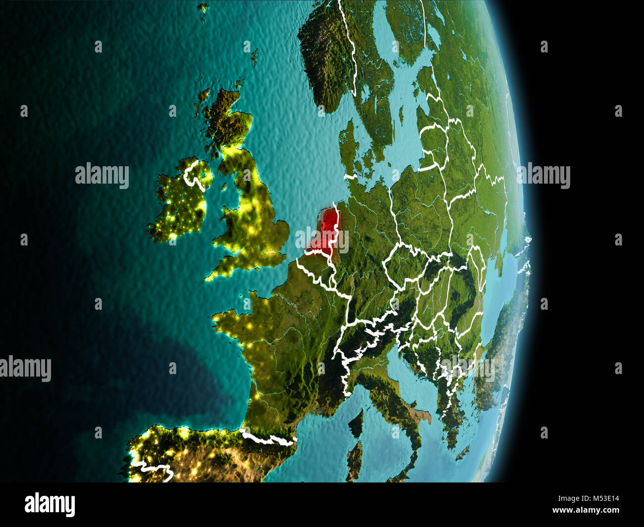 Satellite morning view of Netherlands highlighted in red on planet ...