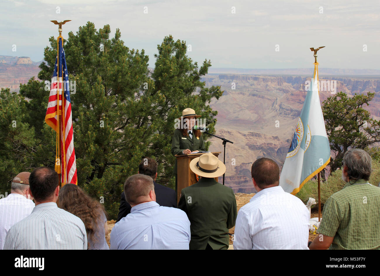 1956 Grand Canyon TWA-United Airlines Aviation Accident Site National Historic. Laura Joss, Deputy Regional Director, Intermountain Region, National Park Service, speaking at the dedication ceremony. .  On Tuesday, July 8, 2014, the National Park Service (NPS) dedicated one of the nation’s newest National Historic Landmarks, the 1956 Grand Canyon TWA-United Airlines Aviation Accident Site in Grand Canyon National Park. This site commemorates a horrific airline collision over the Grand Canyon in 1956.   The public dedication ceremony of the National Historic Landmark designation took place at t Stock Photo