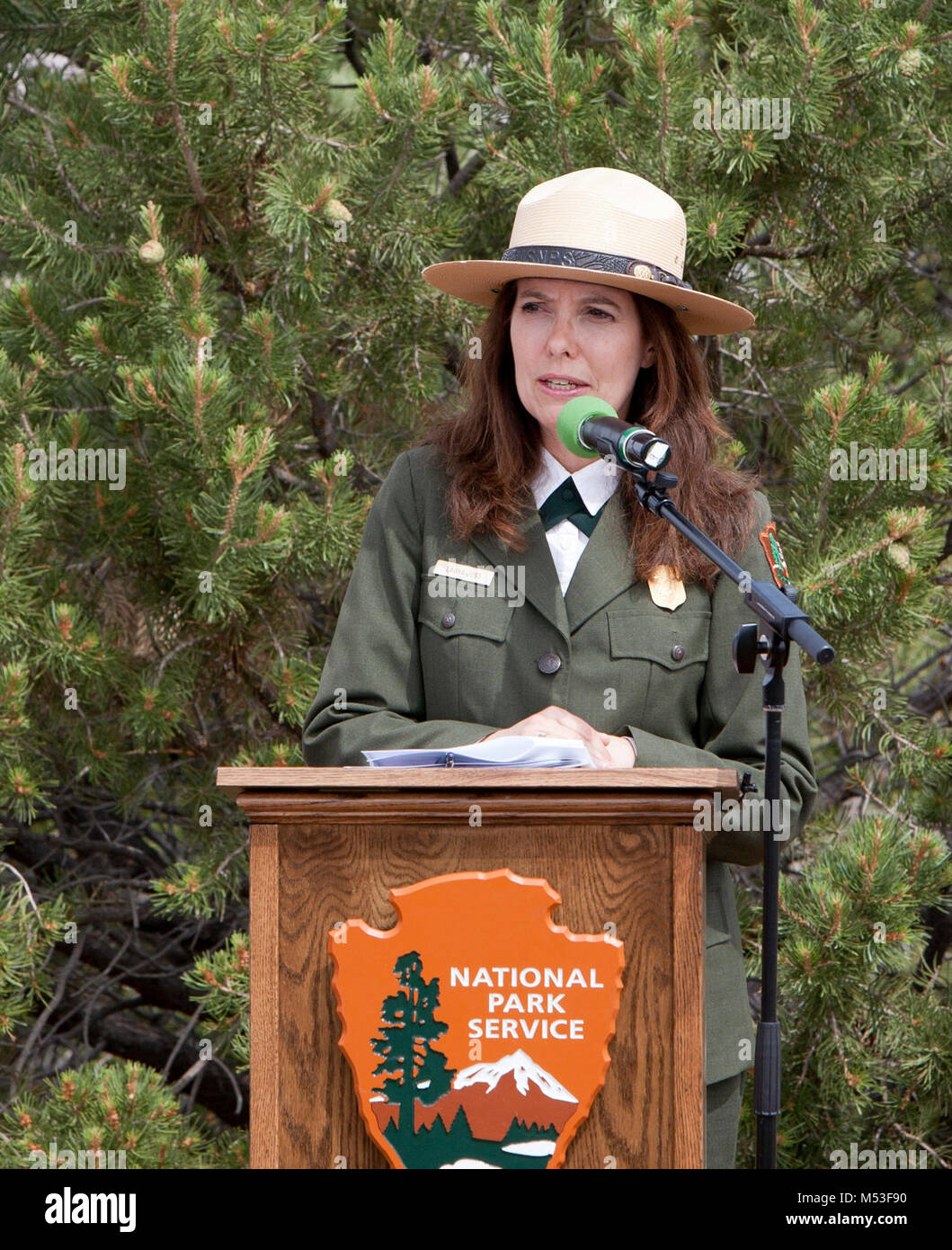 1956 Grand Canyon TWA-United Airlines Aviation Accident Site National Historic. Laura Joss, Deputy Regional Director, Intermountain Region, National Park Service addressing dedication ceremony participants. .  On Tuesday, July 8, 2014, the National Park Service (NPS) dedicated one of the nation’s newest National Historic Landmarks, the 1956 Grand Canyon TWA-United Airlines Aviation Accident Site in Grand Canyon National Park. This site commemorates a horrific airline collision over the Grand Canyon in 1956.   The public dedication ceremony of the National Historic Landmark designation took pla Stock Photo