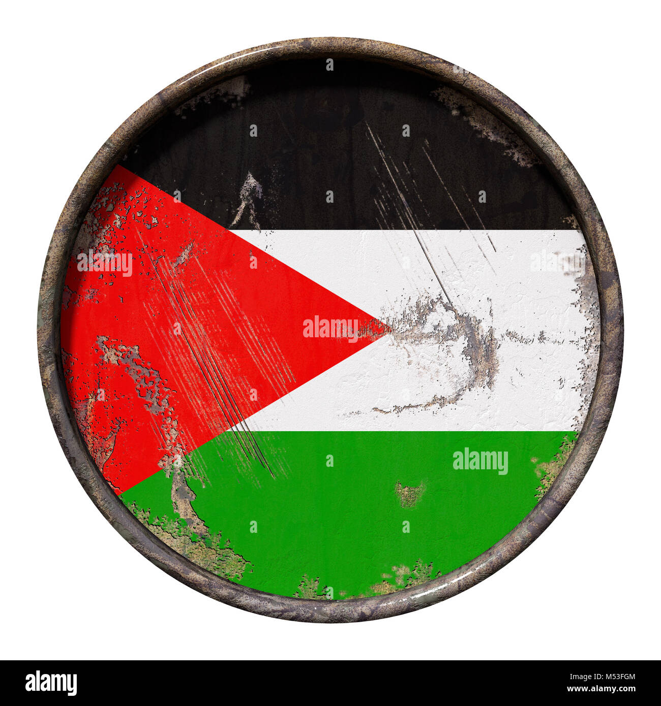 3d rendering of a Palestine flag over a rusty metallic plate. Isolated ...