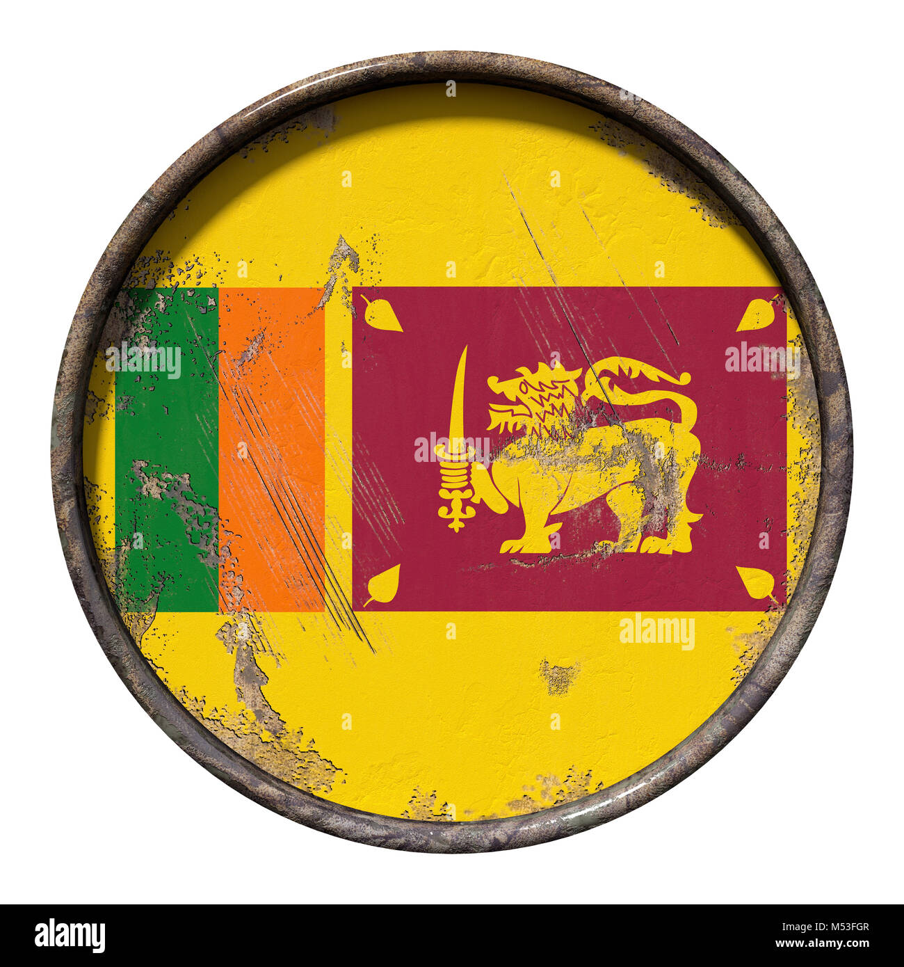 3d rendering of a Sri Lanka flag over a rusty metallic plate. Isolated on white background. Stock Photo