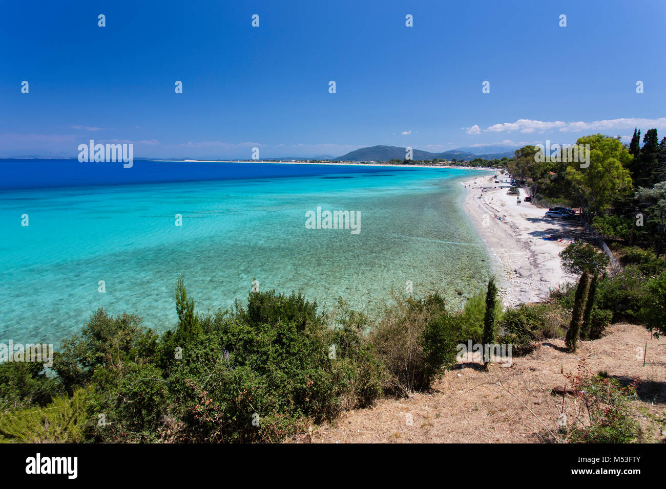 Turquoise waters of Agios Ioannis Beach of Lefkada, Greece, located at the Ionian Sea. Stock Photo
