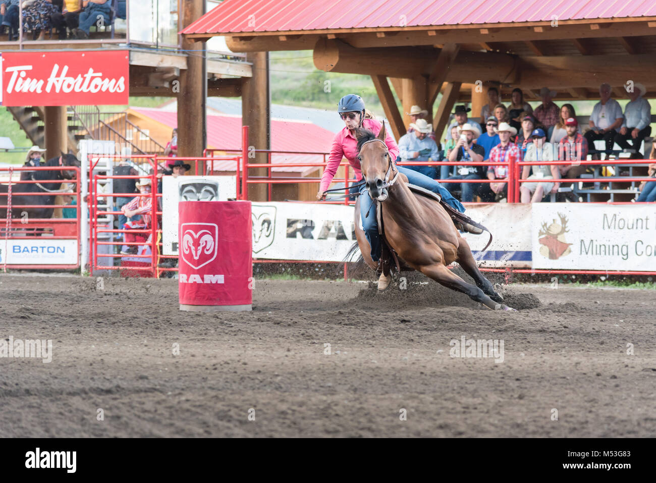 Barrel racing horse and rider gallop around barrel at the 90th Williams Lake Stampede, one of the largest stampedes in North America Stock Photo