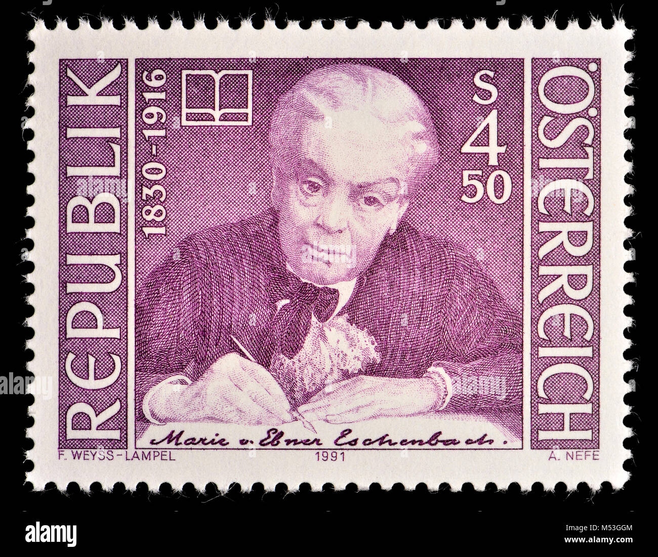 Austrian postage stamp (1991) : Baroness Marie von Ebner-Eschenbach (1830 – 1916) Austrian writer of psychological novels, Stock Photo