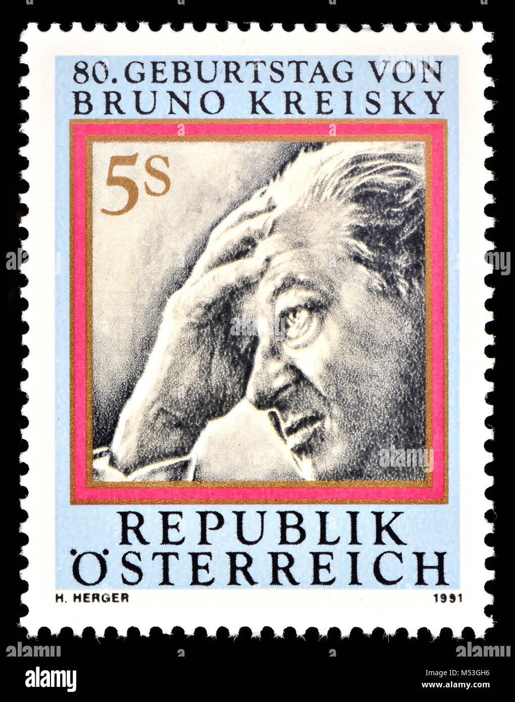 Austrian postage stamp (1991) : Bruno Kreisky (1911 – 1990) Austrian politician. Foreign Minister (1959 - 1966) and Chancellor (1970 - 1983) Stock Photo