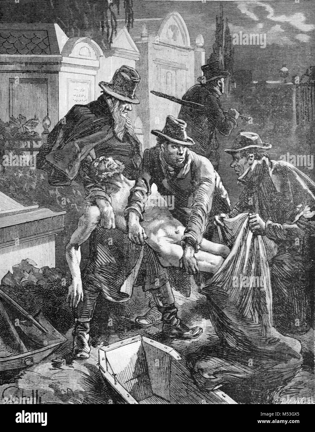 Tomb Robbers or Grave Robbers Stealing a Human Body or Cadaver from a Cemetery for Medical Research. Body Snatching was Common in the c19th when Body Snatchers aka Resurrectionists Stole Recently Buried Corpses for Dissection or Anatomy Lessons in Medical Schools (Engraving, 1888) Stock Photo