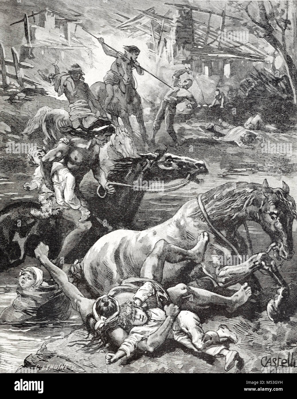 Conflict Between European Colonialists or Settlers and Native American Indians in Brazil. Indigenous Brazilians Attack a Settlers Camp and Seize their Children (Engraving, 1888) Stock Photo