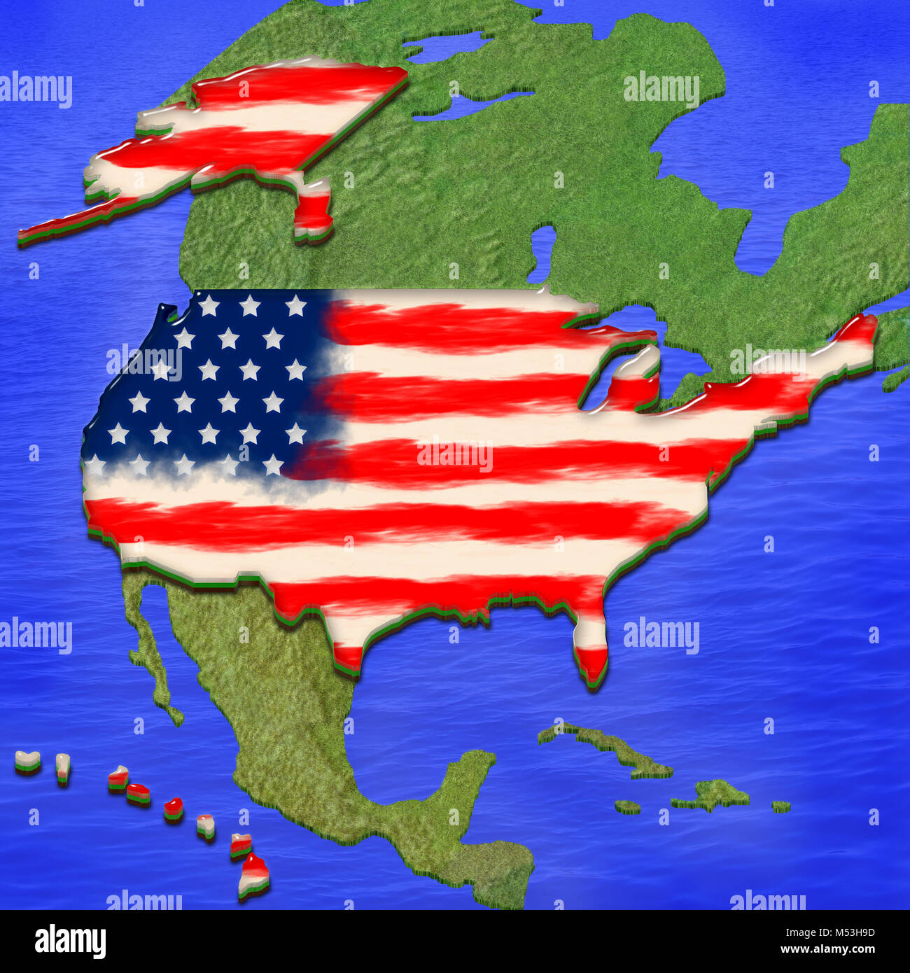 3D map of USA painted in the colors of USA flag, surrounded by