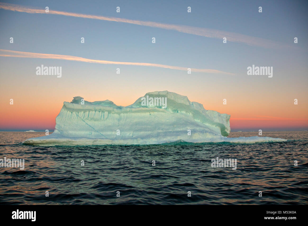 Icebergs from the icefjord, Ilulissat, Disko Bay, Greenland, Polar Region with midnight light Stock Photo