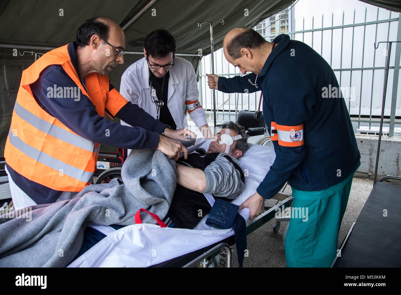 Thessaloniki, Greece - Feb 16, 2018: Paramedics treat evacuate patients ...