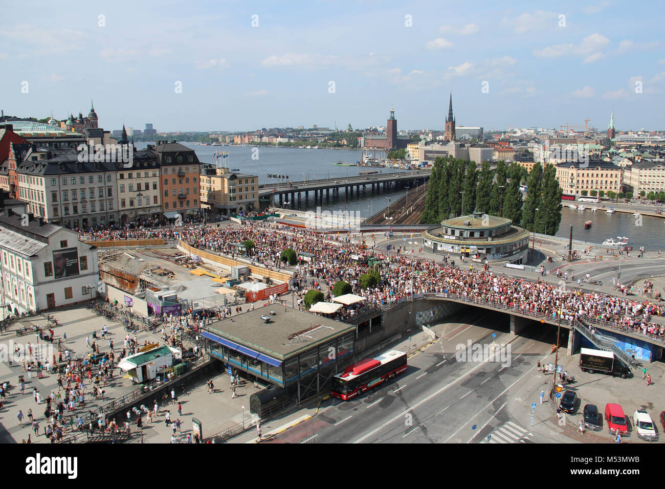 Aerial view of traffic point Slussen during the Stockholm Pride Parade in August 2014. Stock Photo