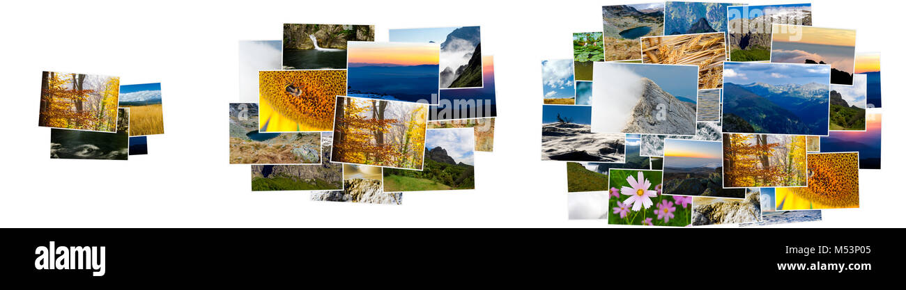 Small, medium and large pile of photos. Image hosting pricing plans, compare service or product size Stock Photo