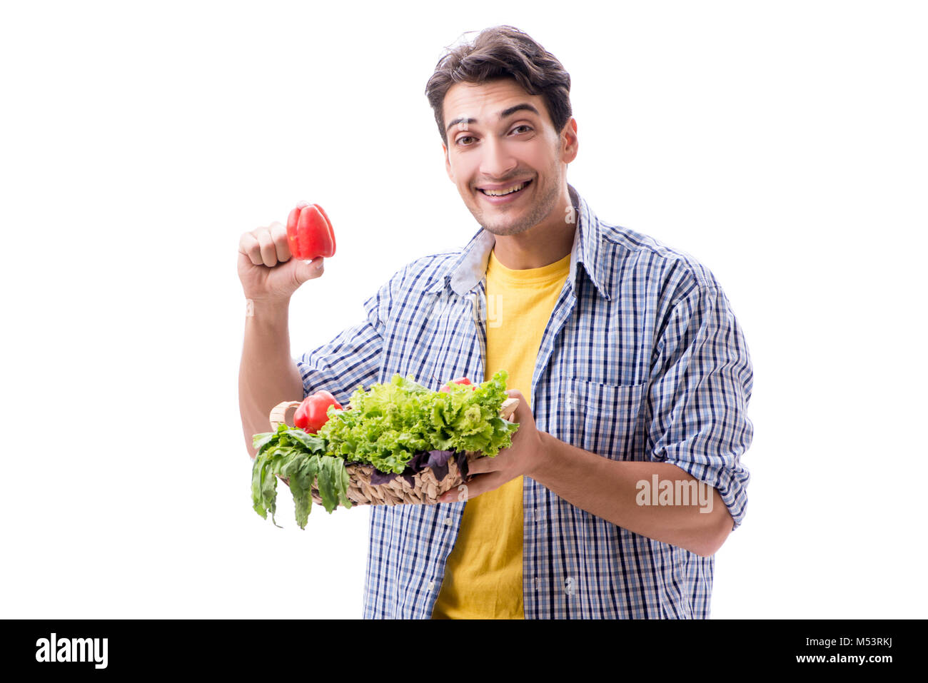 Man with basket of fruits and vegetables Stock Photo - Alamy