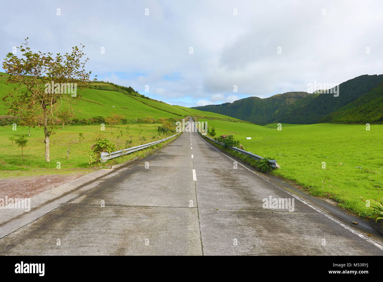 Empty roads in the countryside on the island of Saint Michael (Sao Miguel) in the Azores, Portugal Stock Photo