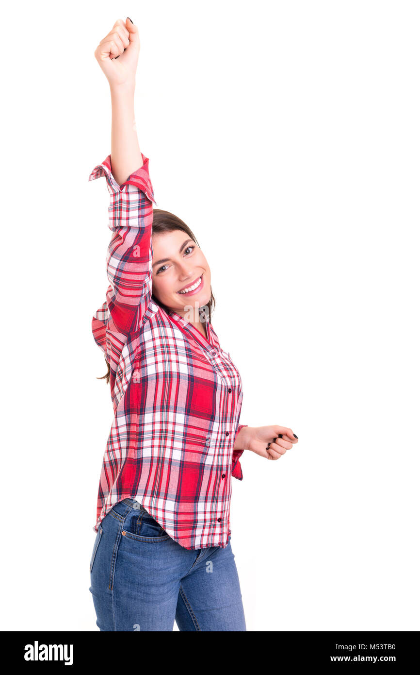 Studio shot: Happy woman with raised arms Stock Photo - Alamy