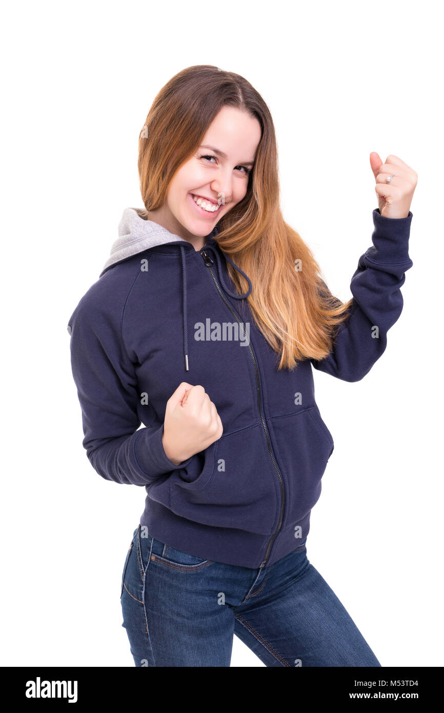 Studio shot: Happy woman with raised arms Stock Photo - Alamy