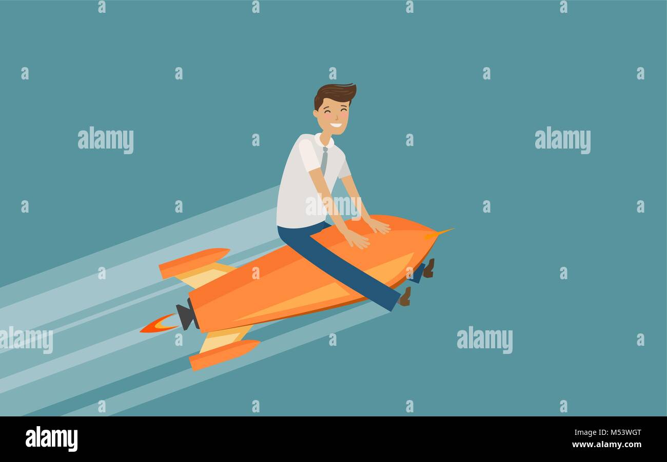 Business, startup concept. Successful businessman flying on high-speed rocket. Cartoon vector illustration Stock Vector