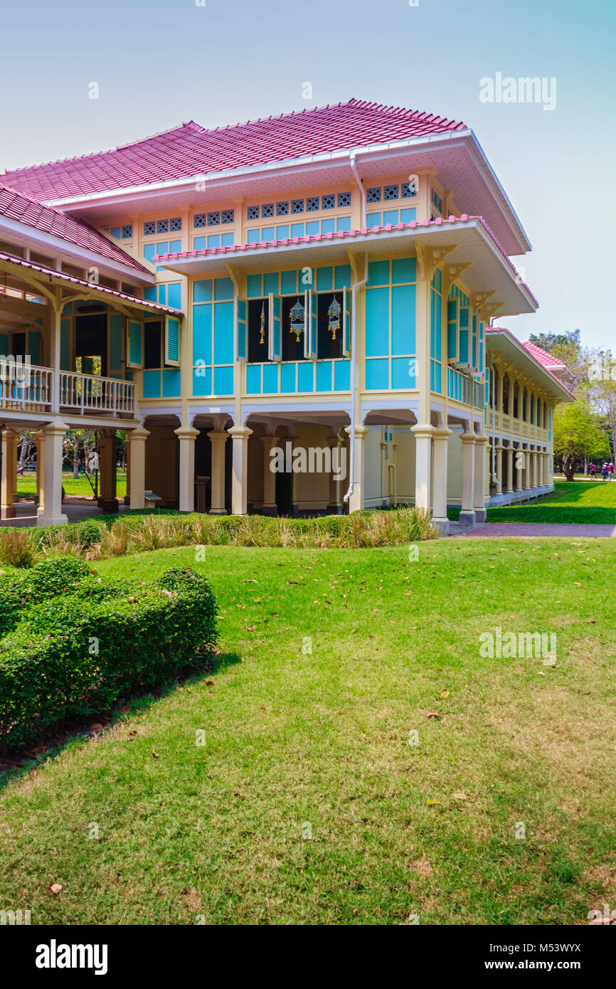 Beautiful Architecture af Mrigadayavan Palace, a former royal residence and tourist attraction in Cha Am, Phetchaburi Province, Thailand. Stock Photo