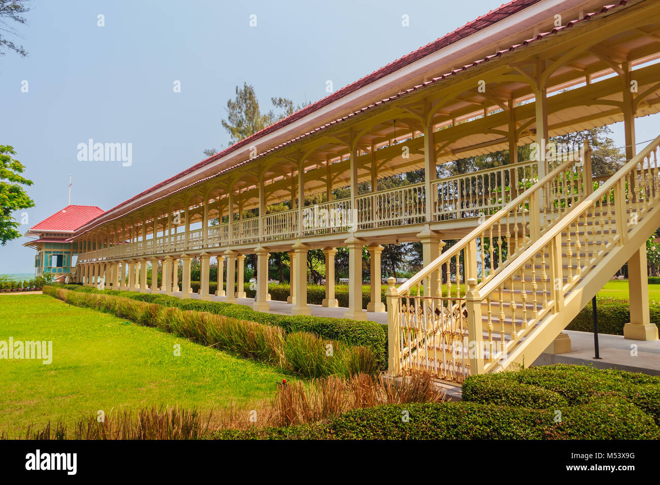 Beautiful Architecture af Mrigadayavan Palace, a former royal residence and tourist attraction in Cha Am, Phetchaburi Province, Thailand. Stock Photo