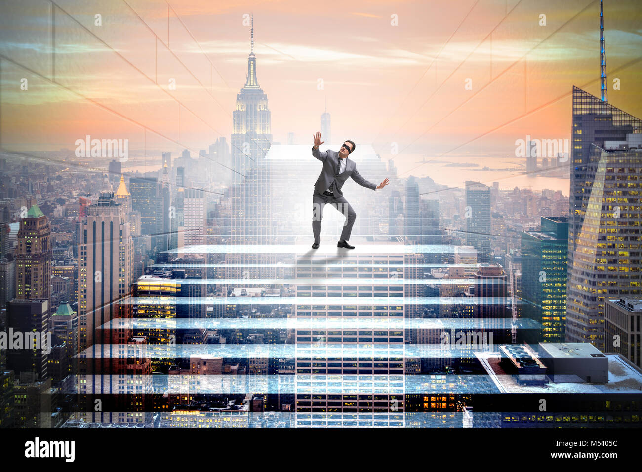 A businessman standing on a career ladder, symbolizing the challenges of career uncertainty and the journey toward clarity