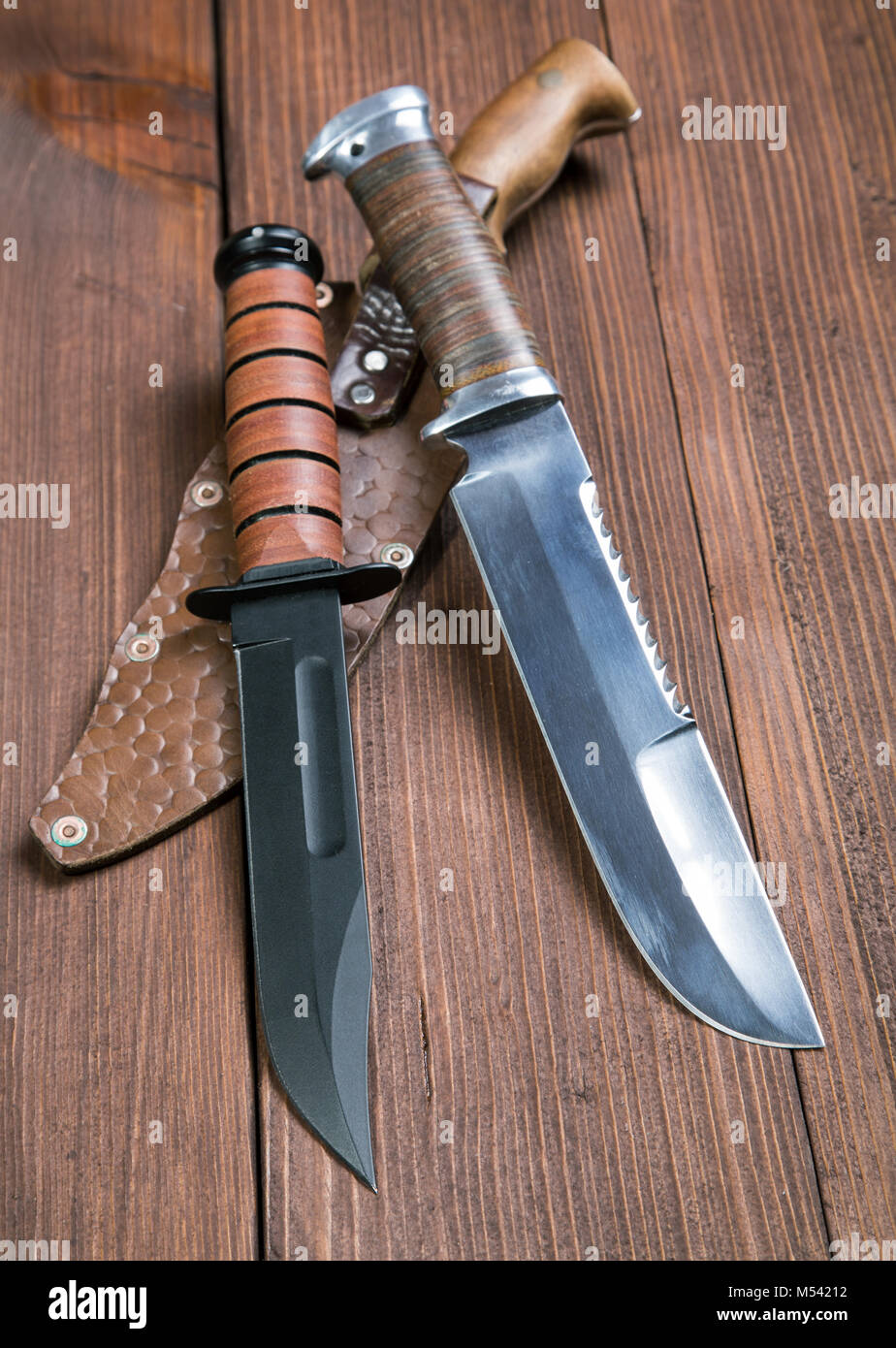Knives with large blades on the table close-up Stock Photo