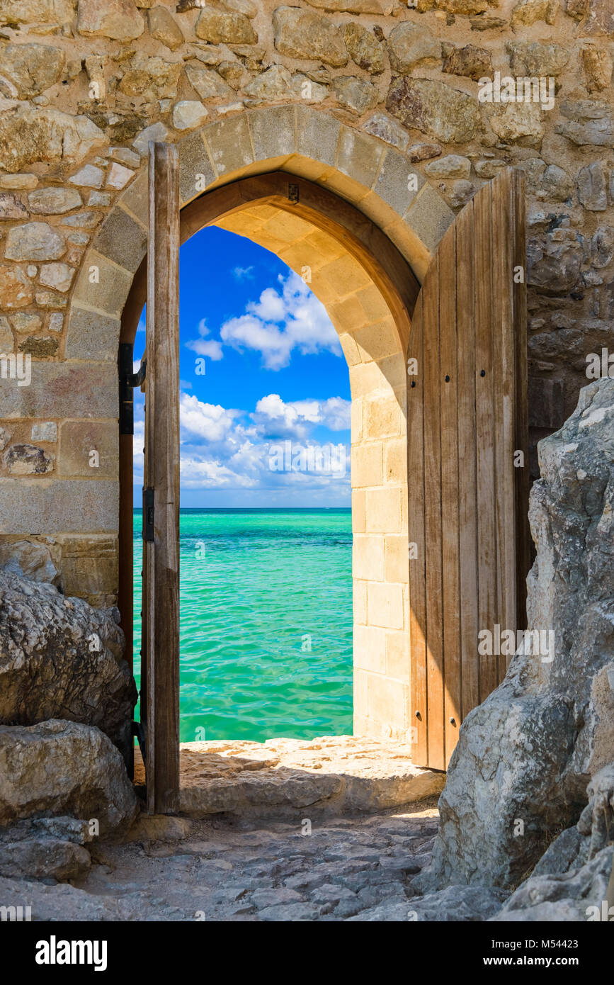 arch in the fortress view of the Caribbean Sea Stock Photo