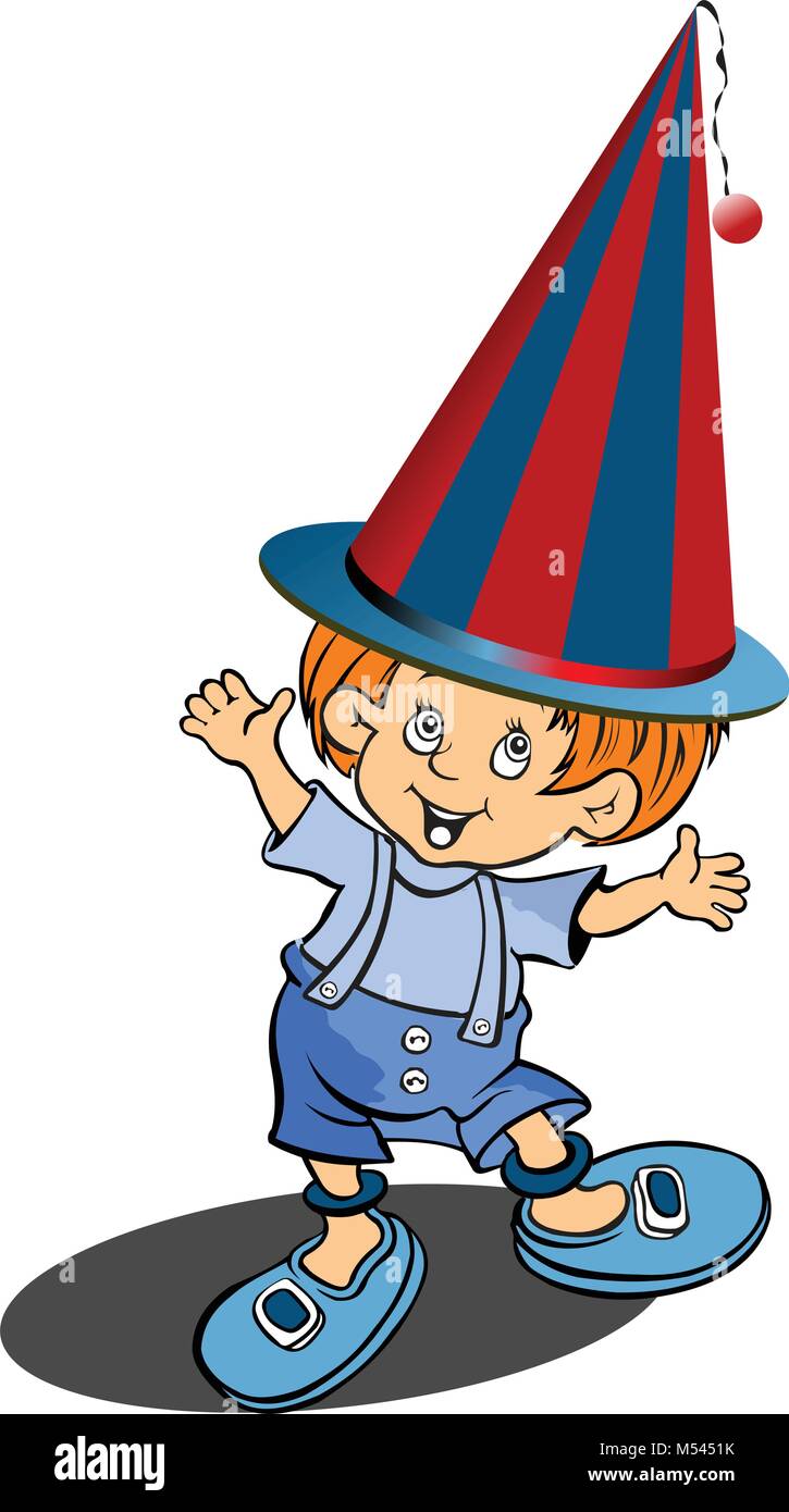 Red-haired funny little boy with clown hat. Vector illustration Stock ...
