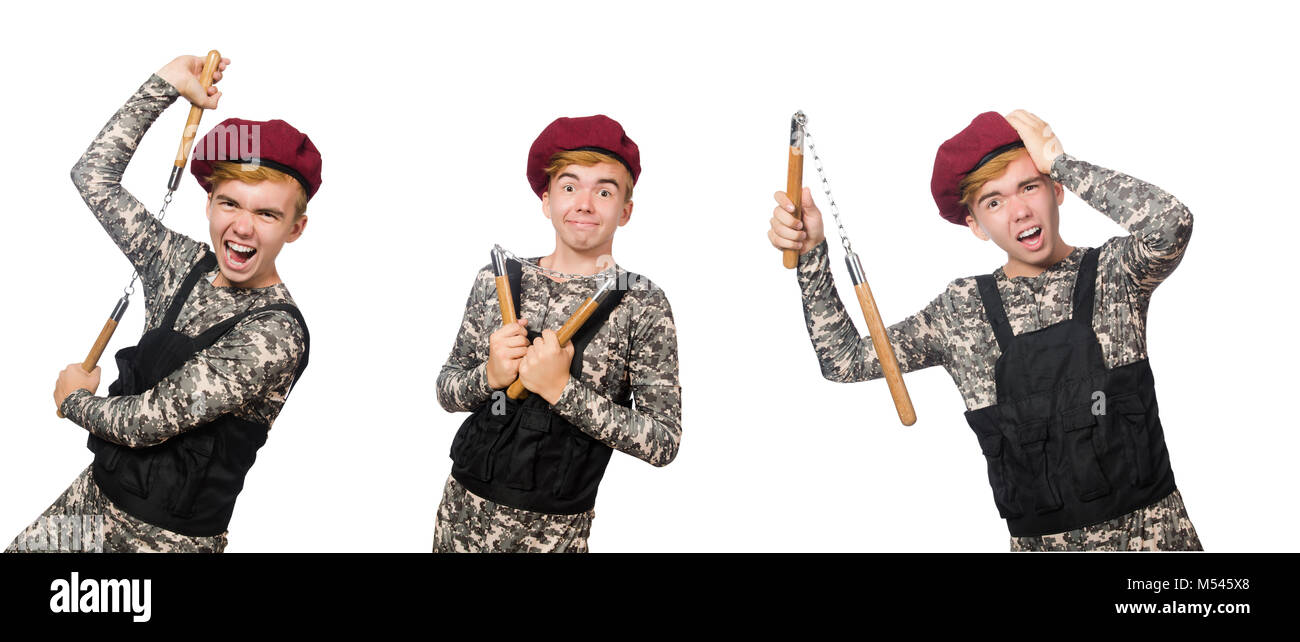 Funny soldier in military concept isolated on the white Stock Photo
