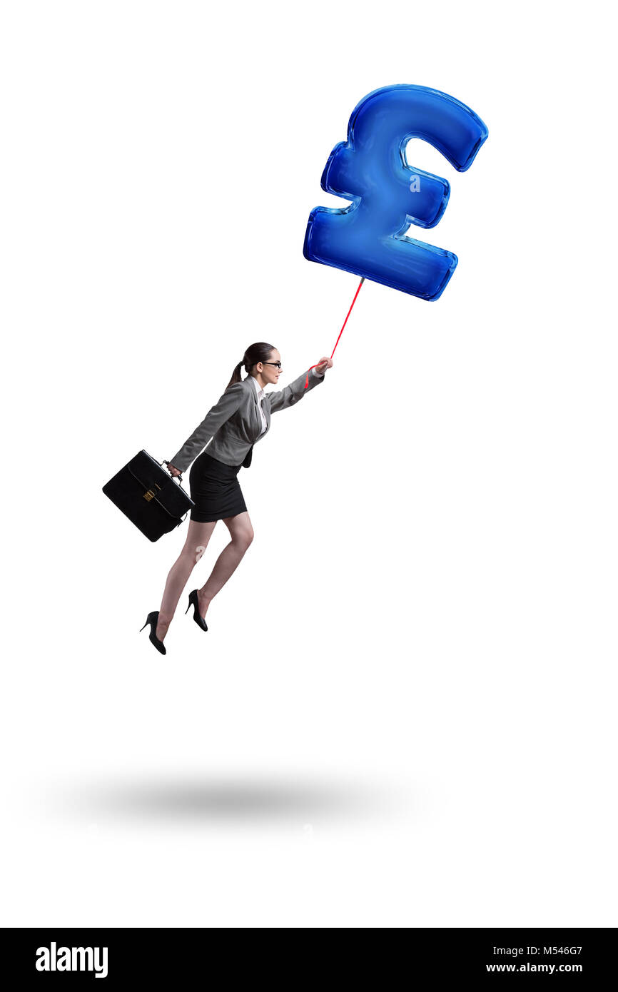 Businesswoman flying on british pound sign inflatable balloon Stock ...
