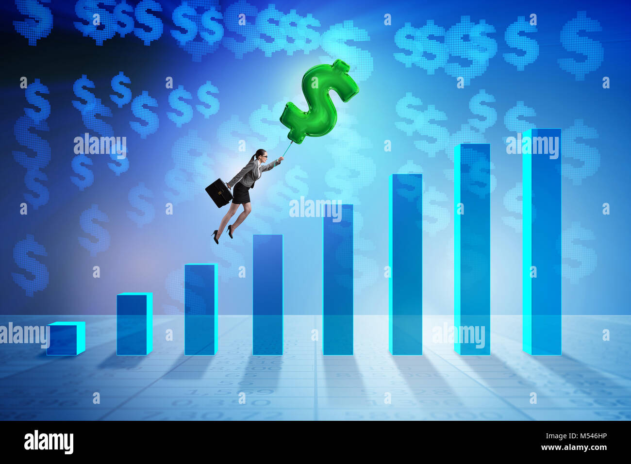 Businesswoman flying on dollar sign inflatable balloon over financials ...