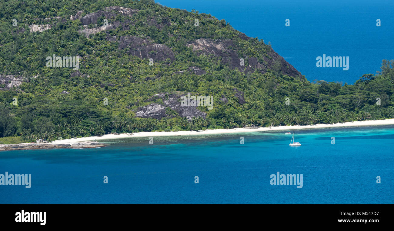 Aerial view of Mahe island coastline, Seychelles Stock Photo