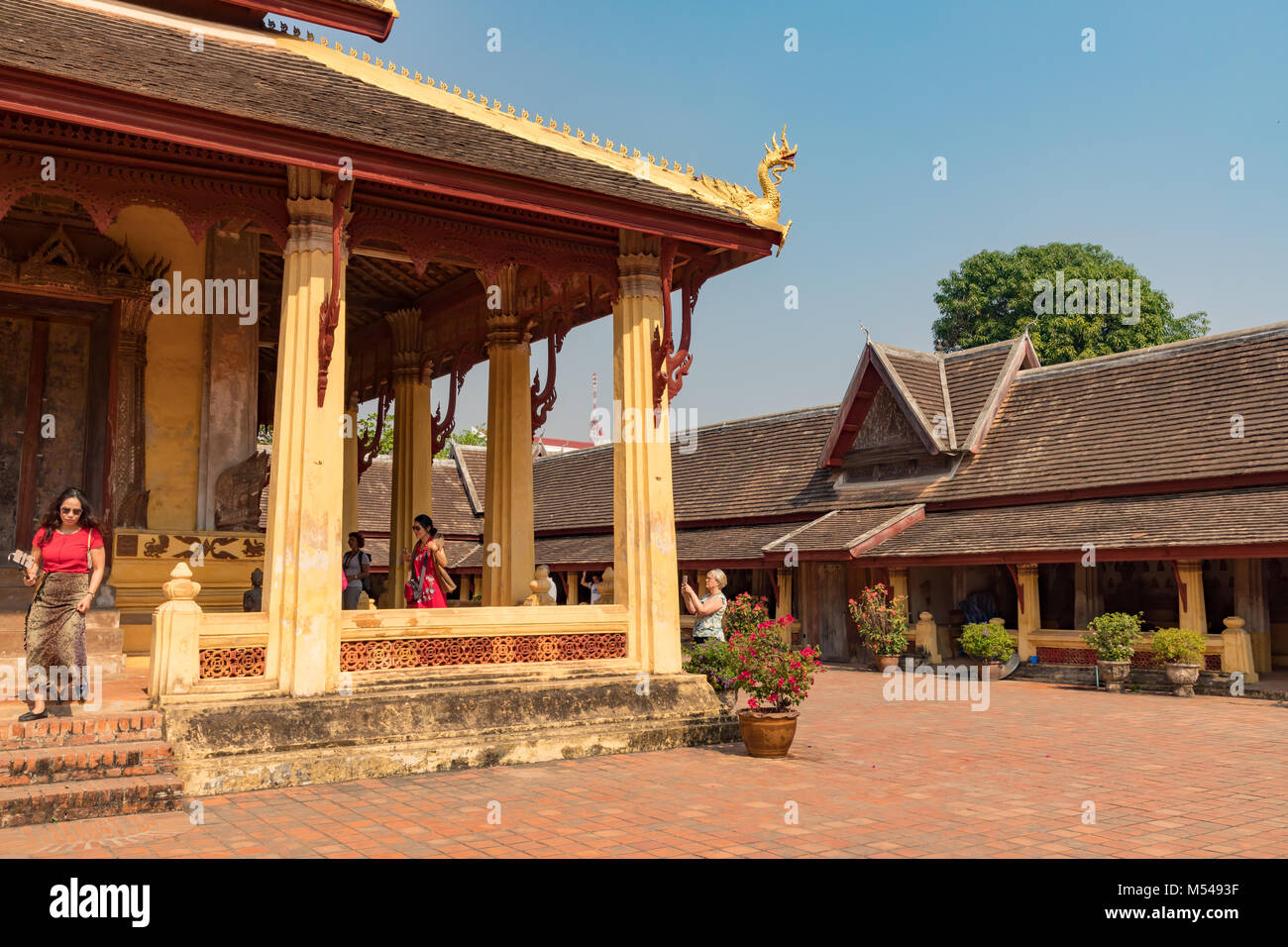 Vientiane Laos February 16, 2018 Wooden architecture at early 19th century Wat Sisaket. Stock Photo