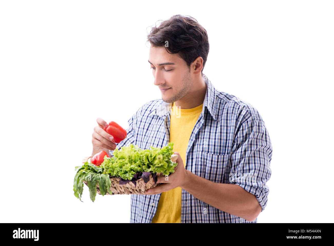 Man with basket of fruits and vegetables Stock Photo - Alamy
