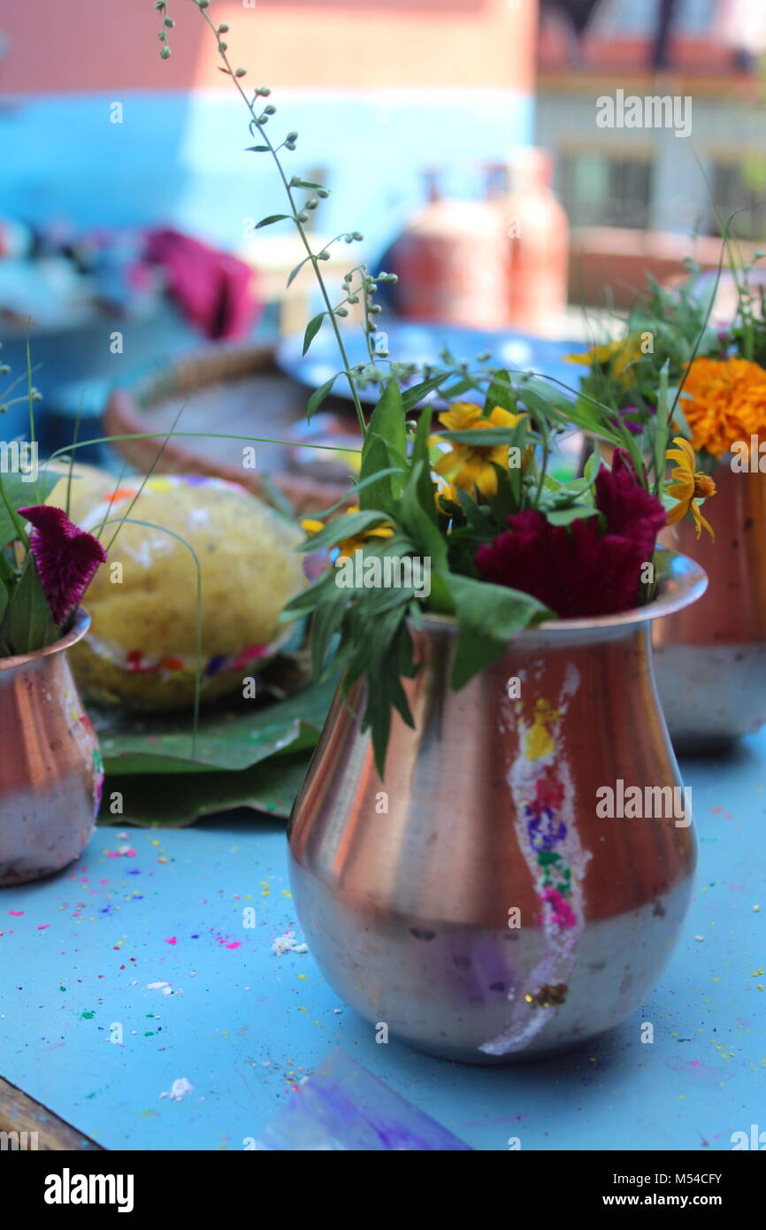 One of the greatest festival celebrated in South Asia, mostly in India and Nepal.These are the items used or set up for worshiping god and goddesses. Stock Photo