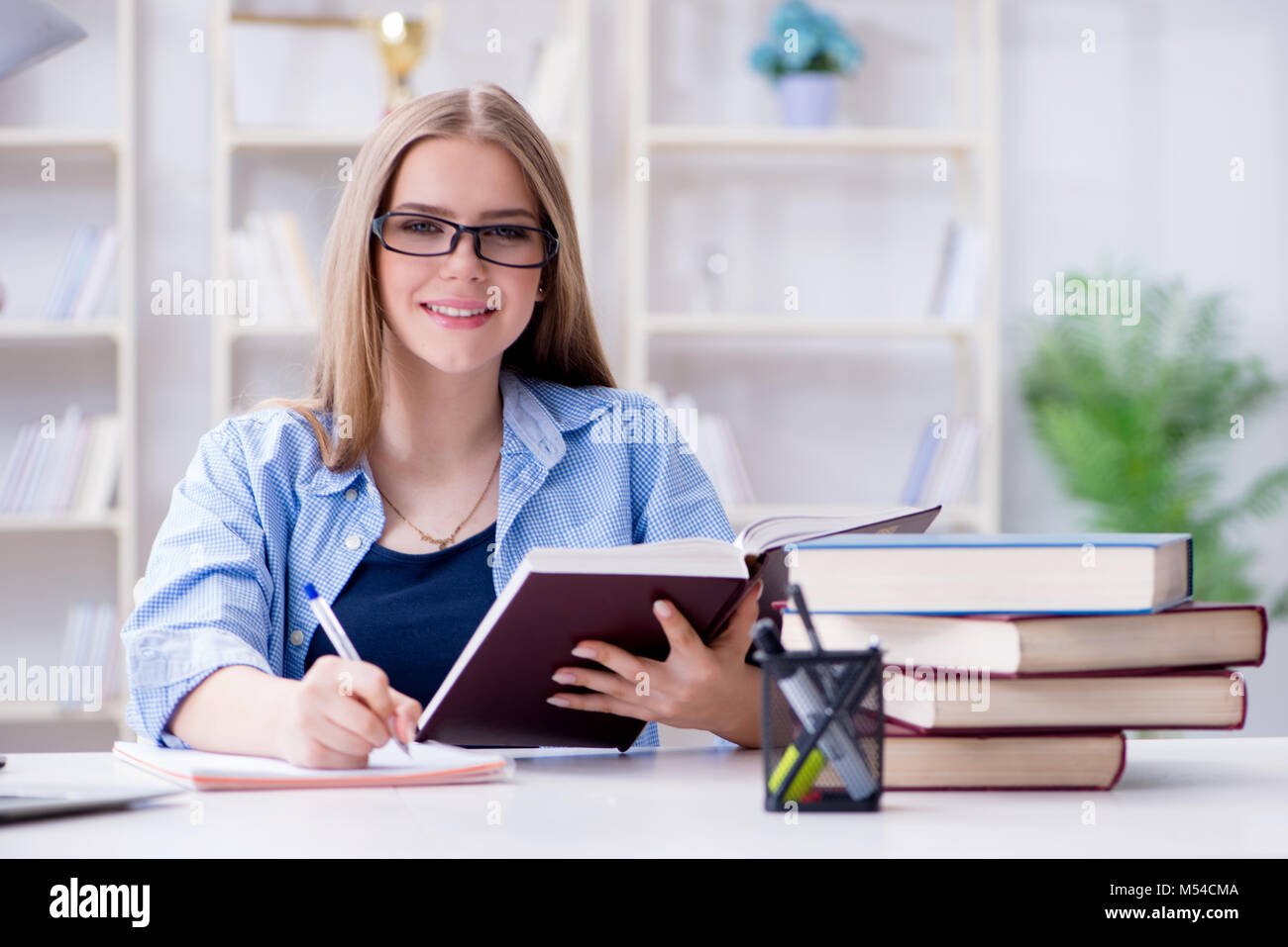Young teenage female student preparing for exams at home Stock Photo ...