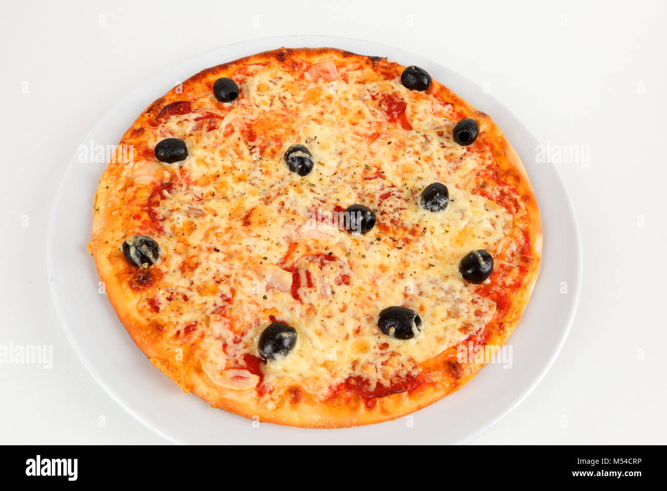 pizza with olives and salami Stock Photo