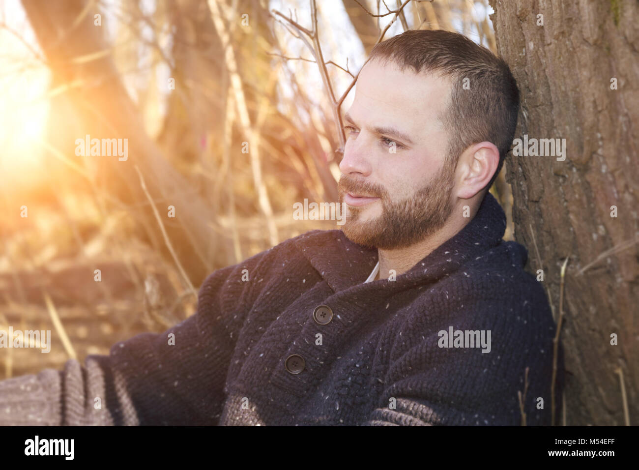 a thoughtful bearded man in the forest sunset Stock Photo