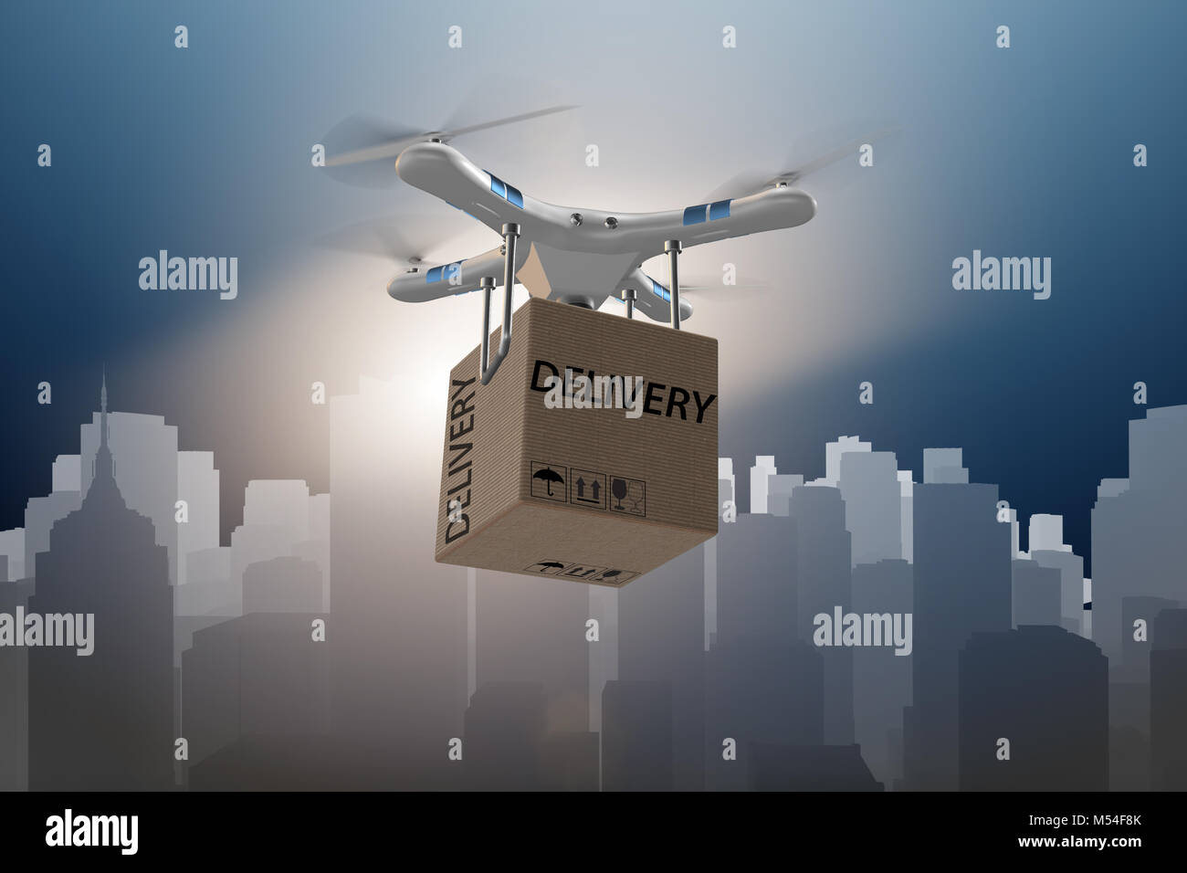 Drone delivery concept with box in air - 3d rendering Stock Photo - Alamy