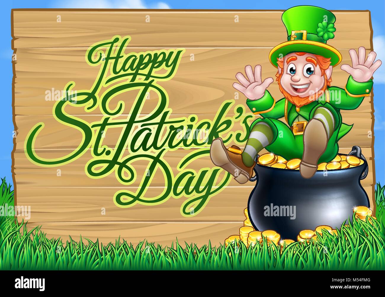 St Patricks Day Leprechaun and Pot of Gold Sign Stock Vector