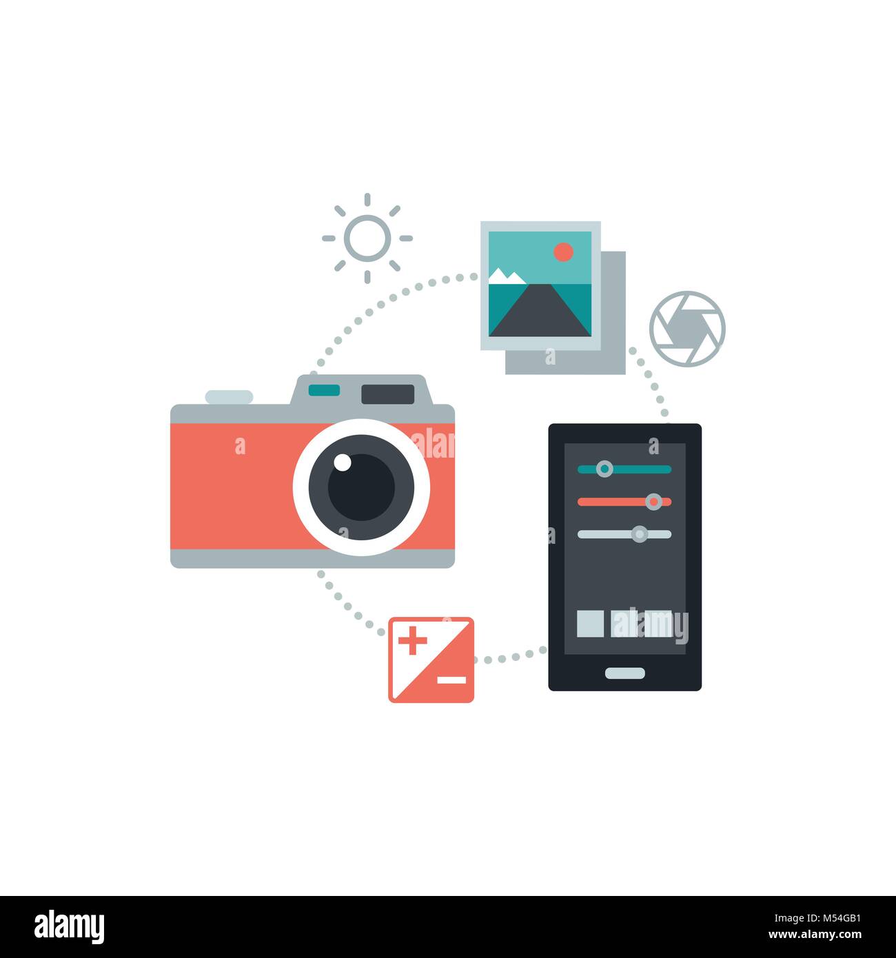 Digital camera and creative photo retouching app on a smartphone Stock Vector