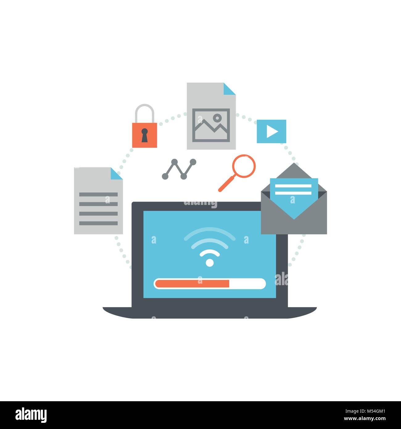 Laptop with files icons and wireless connection Stock Vector