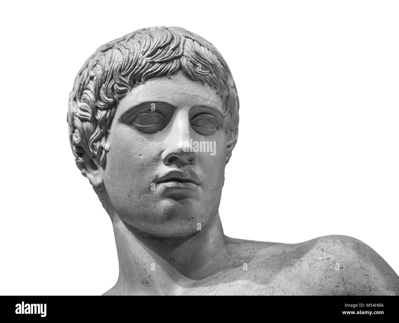 Head and shoulders detail of the ancient sculpture. Isolated on white