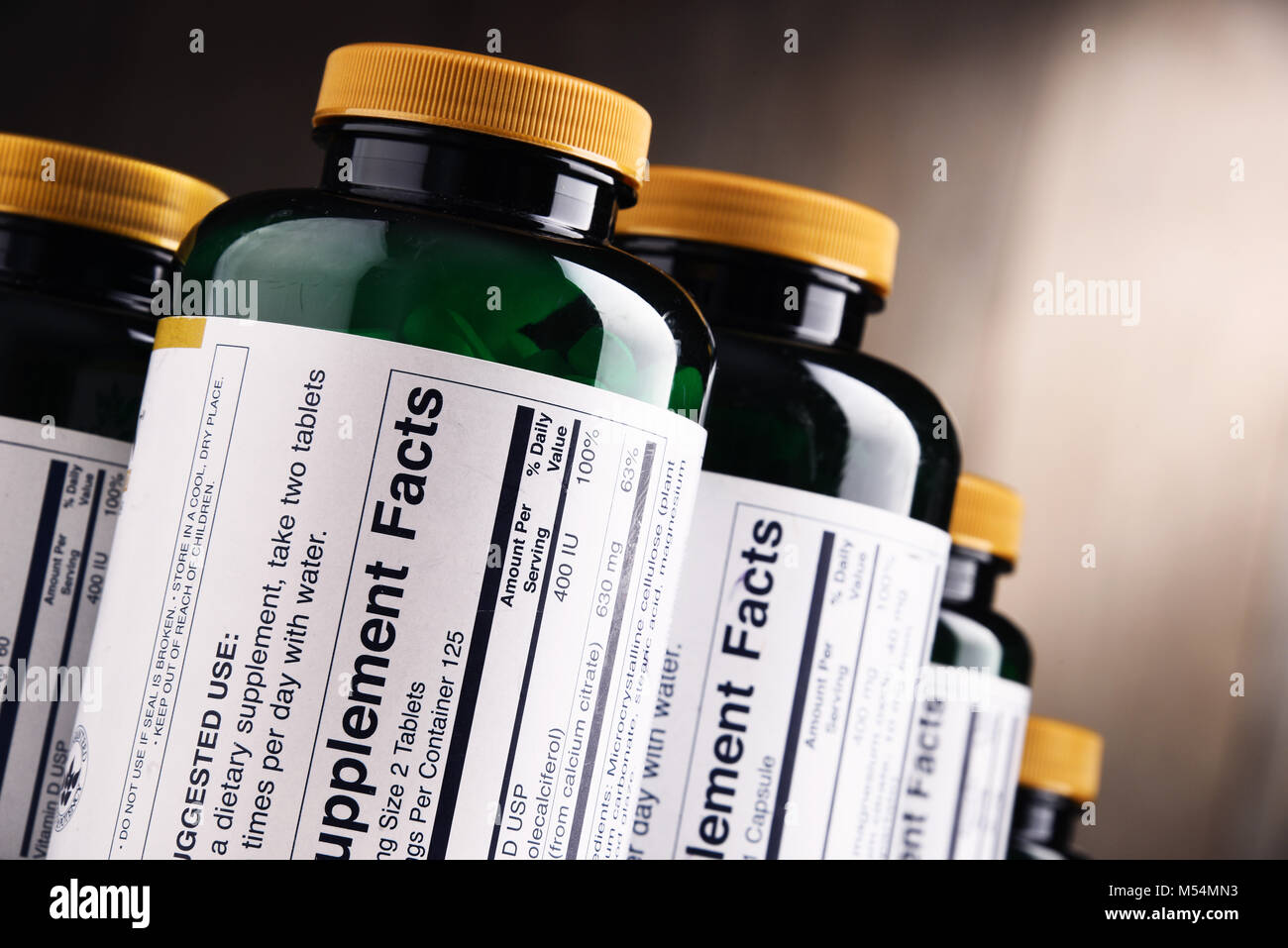 Composition with dietary supplement containers. Drug pills Stock Photo