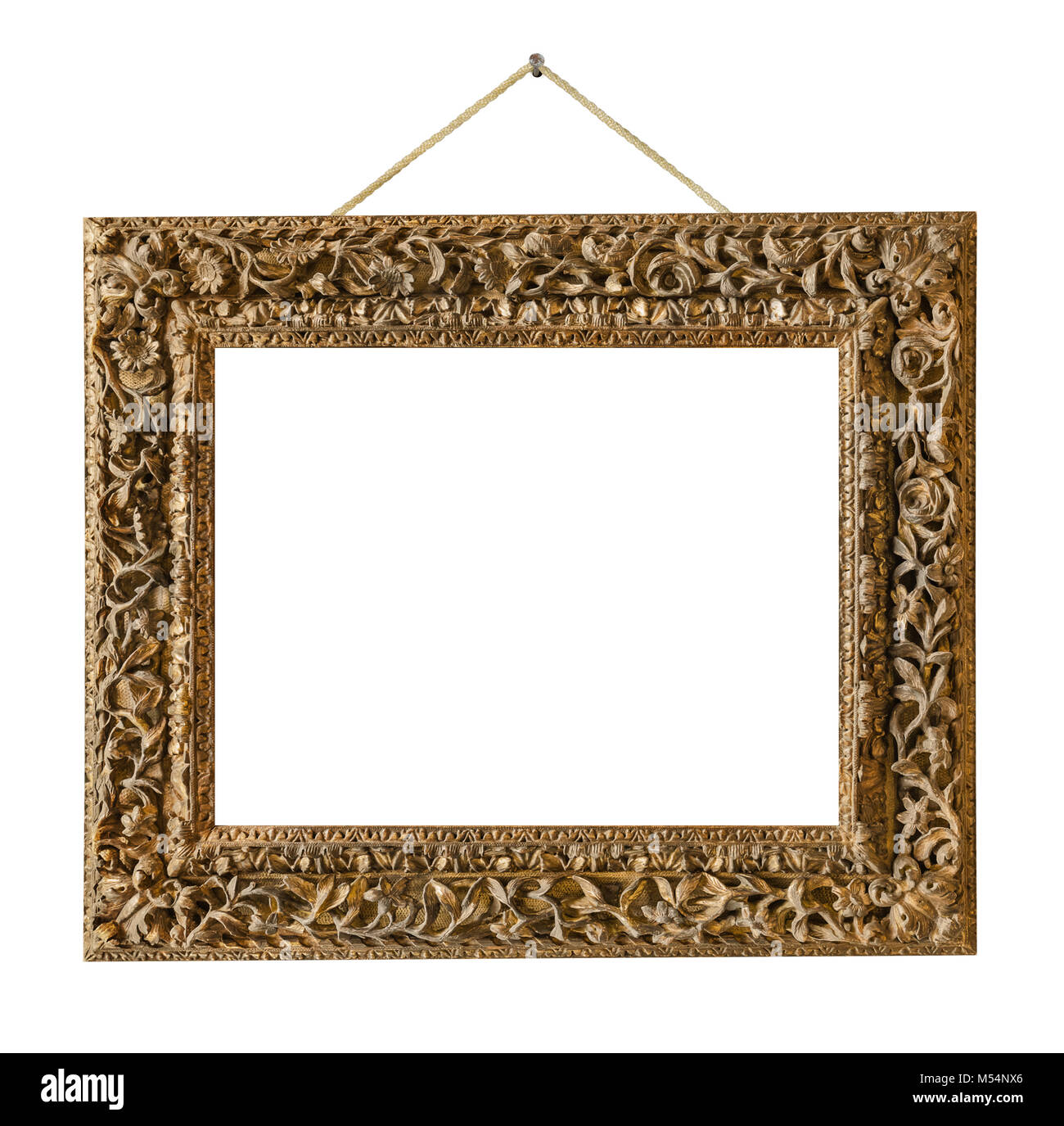 Old wooden picture frame hanging on a rope Stock Photo Alamy