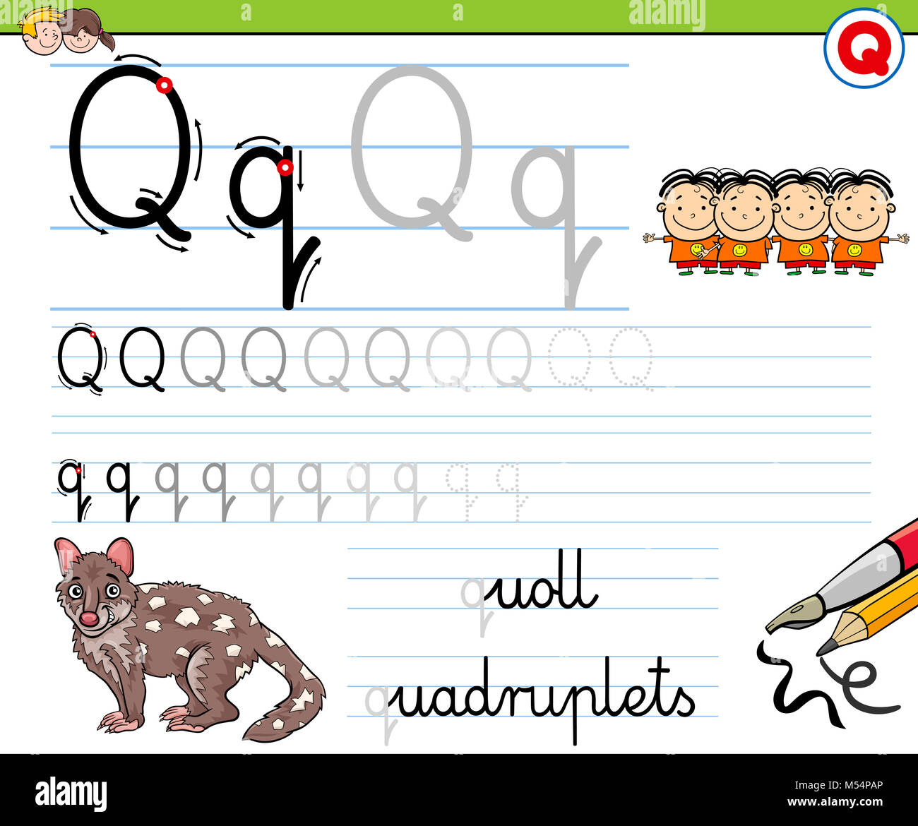 how to write letter Q worksheet for kids Stock Photo - Alamy
