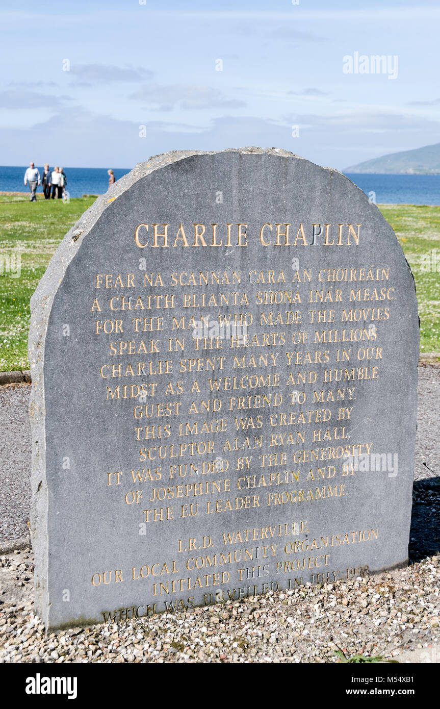 A small monument about Charlie Chaplin whose family often visited and stayed at Waterville on the Ring of Kerry in Southern Ireland. Stock Photo