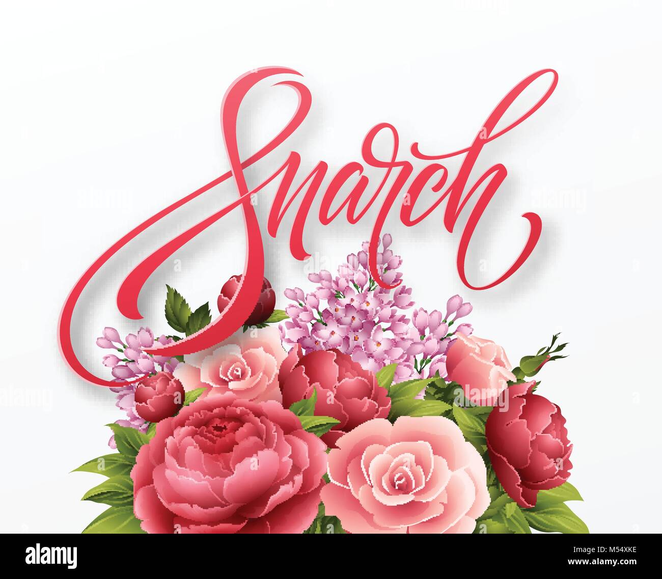 Happy womens day on March 8. Design of modern hand calligraphy with flower. Vector illustration Stock Vector