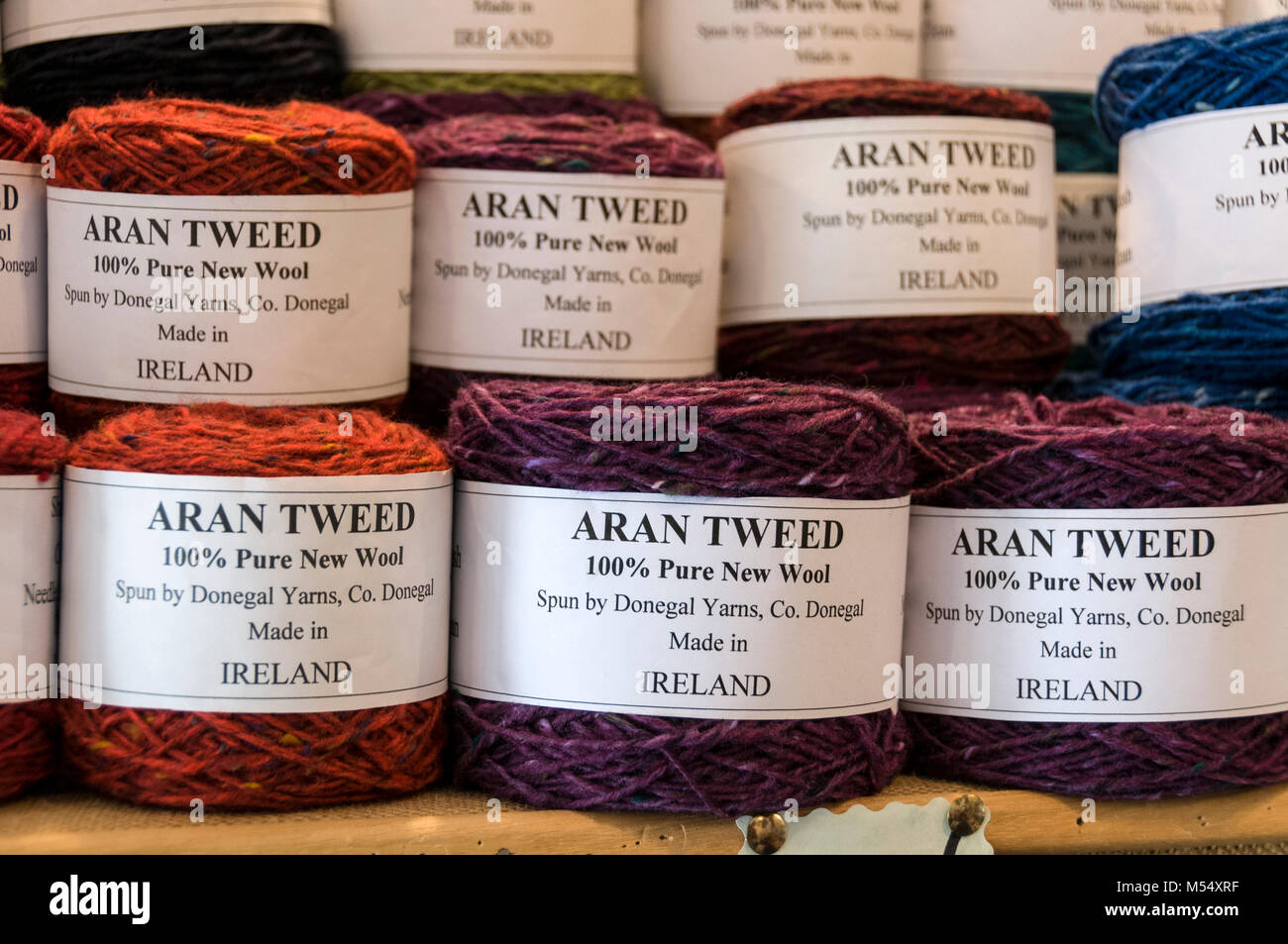 Aran Tweed knitting wool on sale at a wool shop in Sneem village in Southern Ireland. Stock Photo