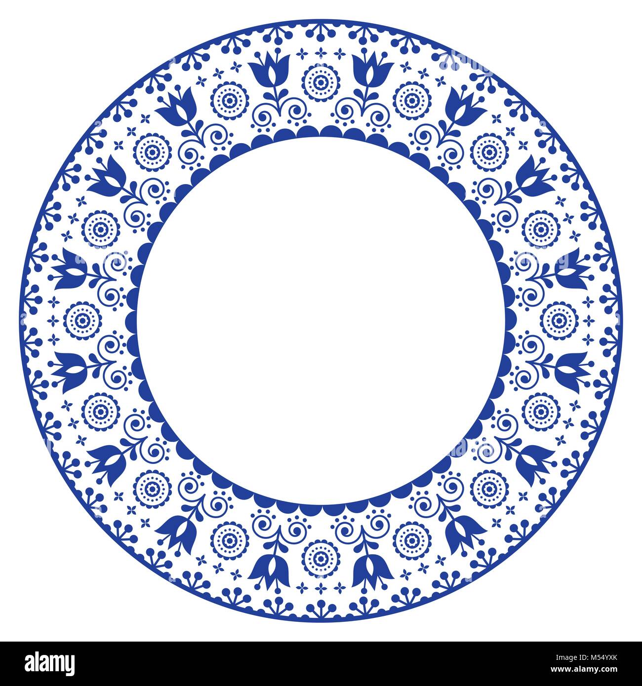 Folk art round ornamental frame, Scandinavian vector design in circle, floral composition Stock Vector