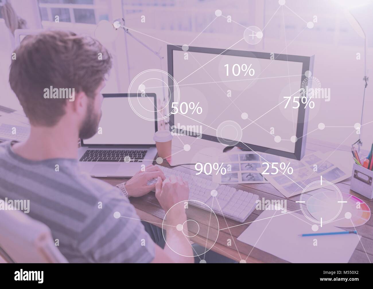 Business Overlay Interface with man and computer Stock Photo - Alamy